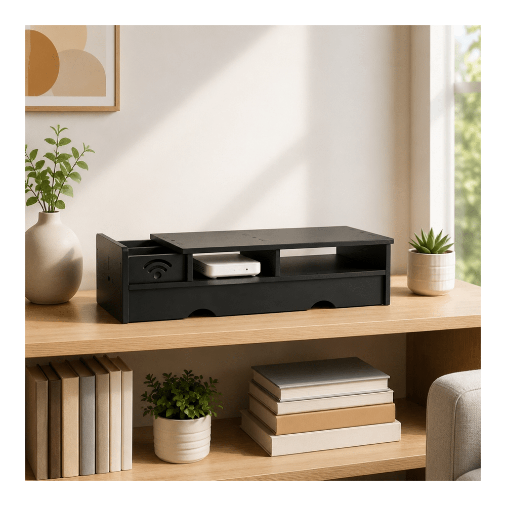 Office Tech And Space - กล่องเก็บเราเตอร์ WiFi สีดำด้าน ขนาดกะทัดรัด สำหรับจัดระเบียบอุปกรณ์เทคโนโลยีในโฮมออฟฟิศ ห้องนอน