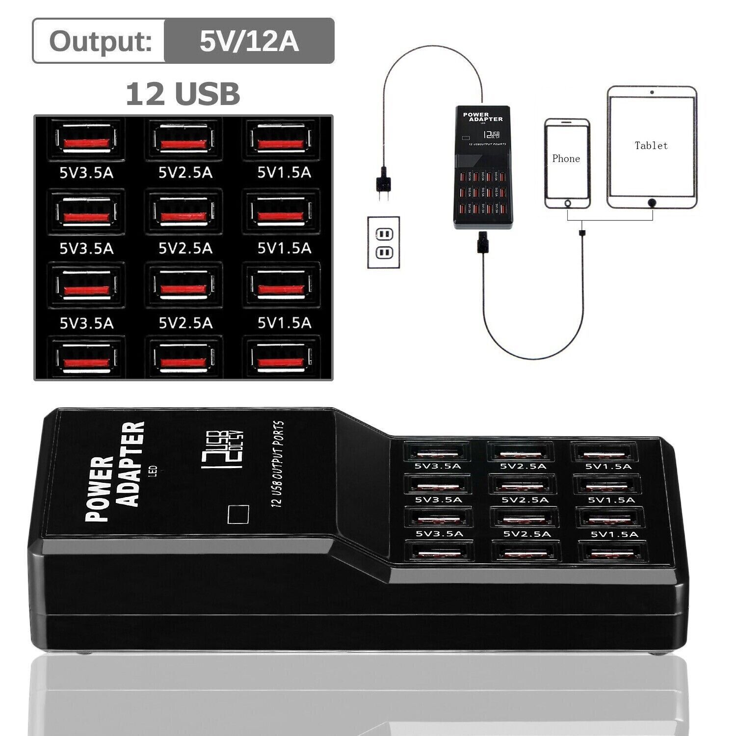 Multi Port Usb Hub - แท่นชาร์จ USB 12 พอร์ตแบบตั้งโต๊ะ/ติดผนัง สำหรับโทรศัพท์มือถือ